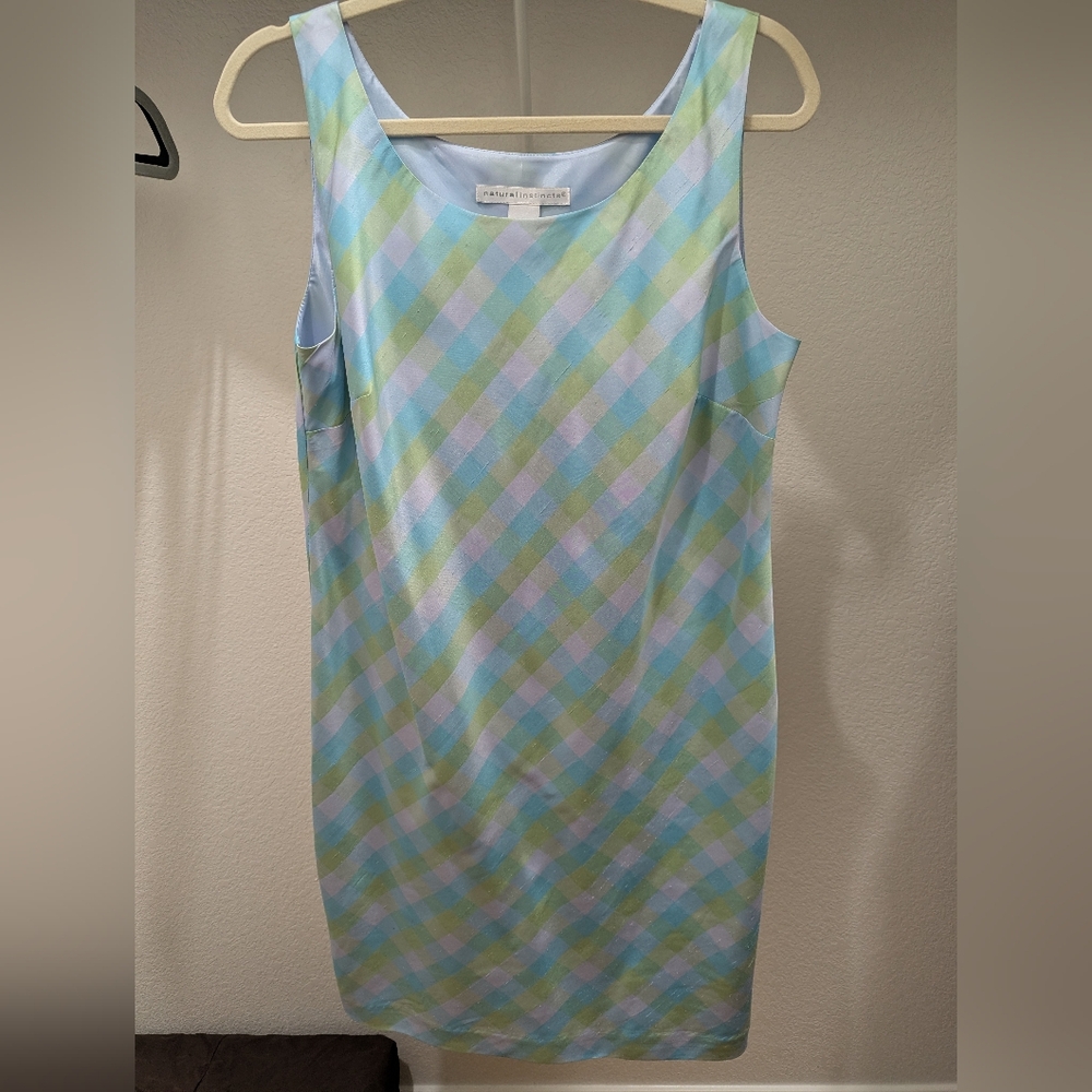 Elegant Plaid Midi Dress in Blue and Green